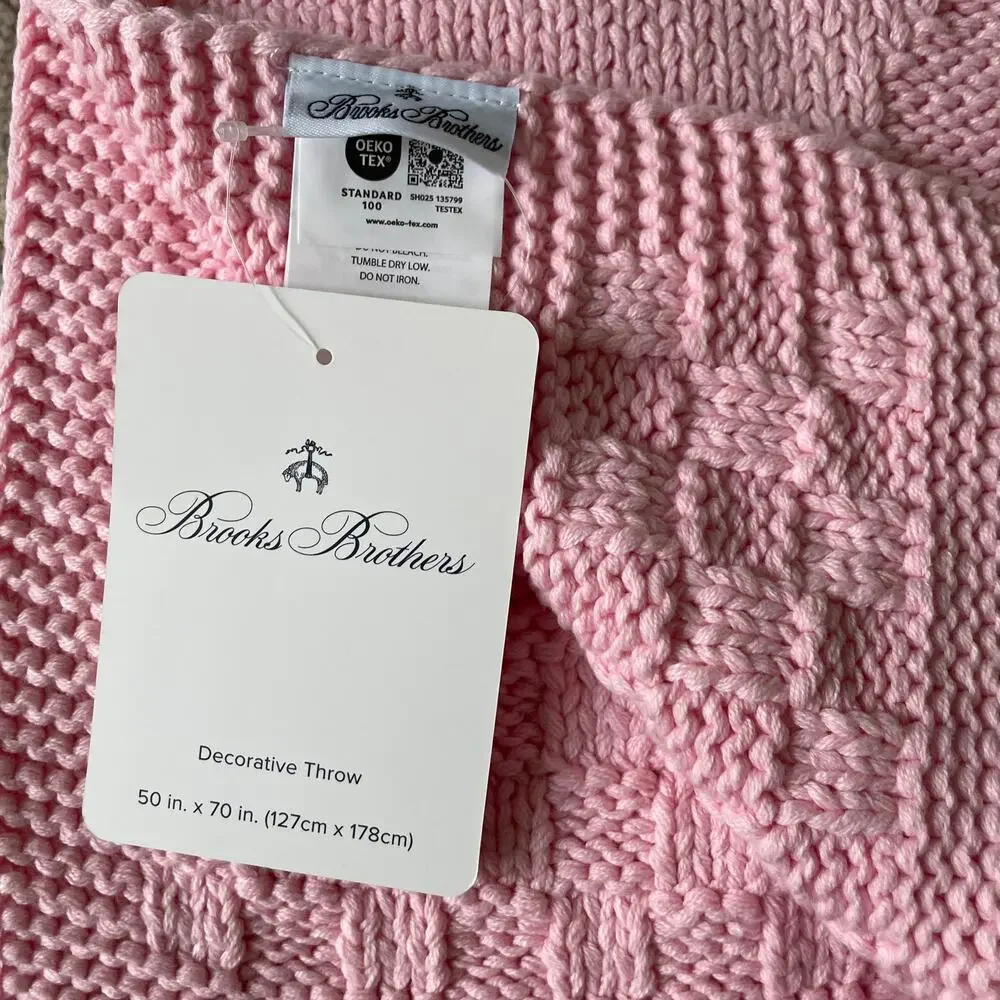 Brooks Brothers Pink Bow Knitted Throw Blanket 50x70 Designer Spring Decor NEW